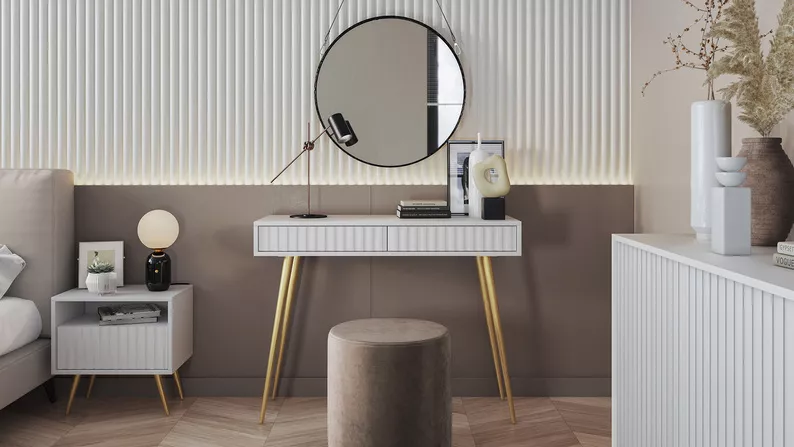 Coiffeuse Bello 104 cm blanche avec pieds dorés