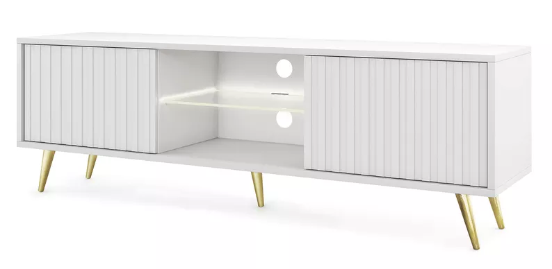 Meuble TV Bello avec façades à lamelles 135 cm blanc avec pieds dorés
