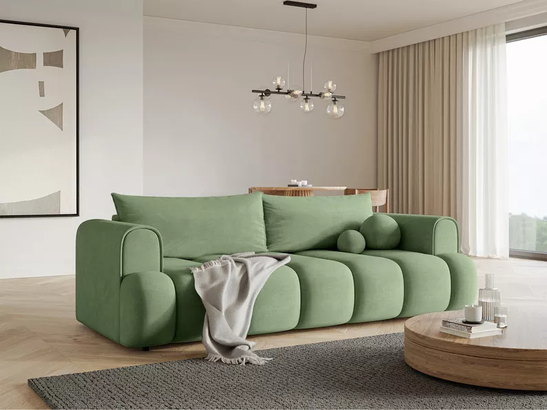 Kanapa trzyosobowa Dandelino z funkcją spania eukaliptusowa welur hydrofobowy