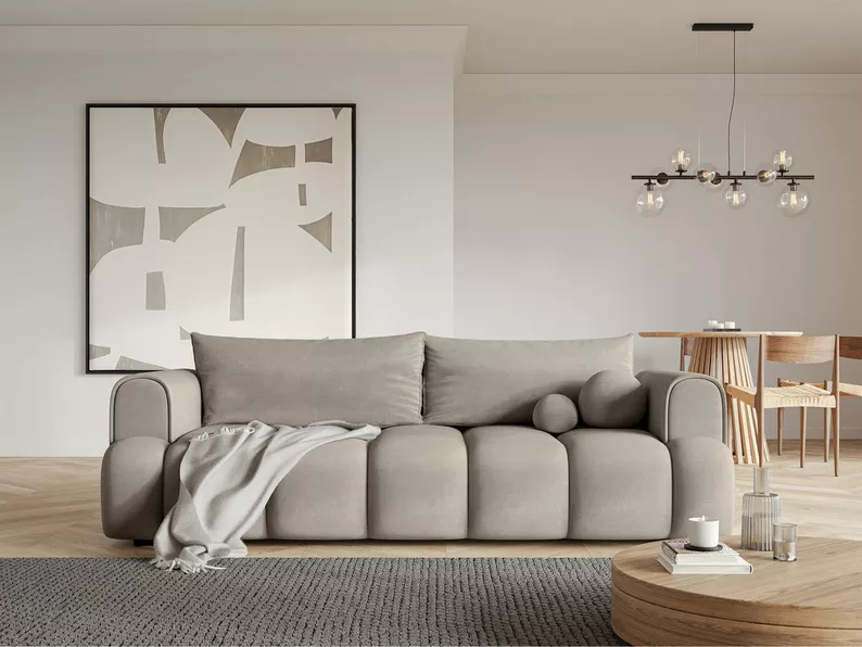 Kanapa trzyosobowa Dandelino z funkcją spania szara welur hydrofobowy