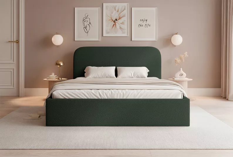 Łóżko tapicerowane 140x200 cm Sonvivo z pojemnikiem na pościel ciemnozielone szenil stelaż metalowy