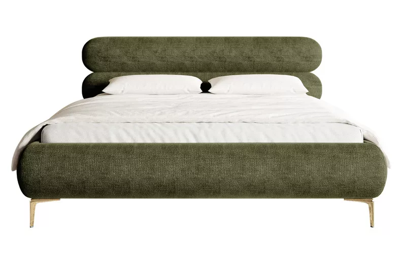 Łóżko tapicerowane 140x200 cm Roule z pojemnikiem stelaż metalowy oliwkowe szenil nóżki złote
