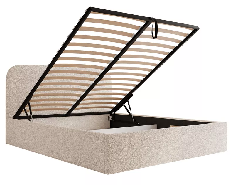 Łóżko tapicerowane 140x200 cm Sonvivo z pojemnikiem na pościel kremowe boucle stelaż metalowy