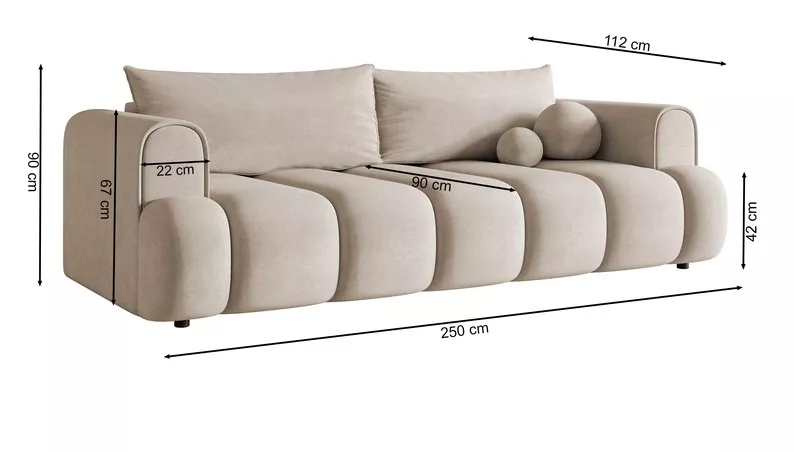 Kanapa trzyosobowa Dandelino z funkcją spania eukaliptusowa welur hydrofobowy