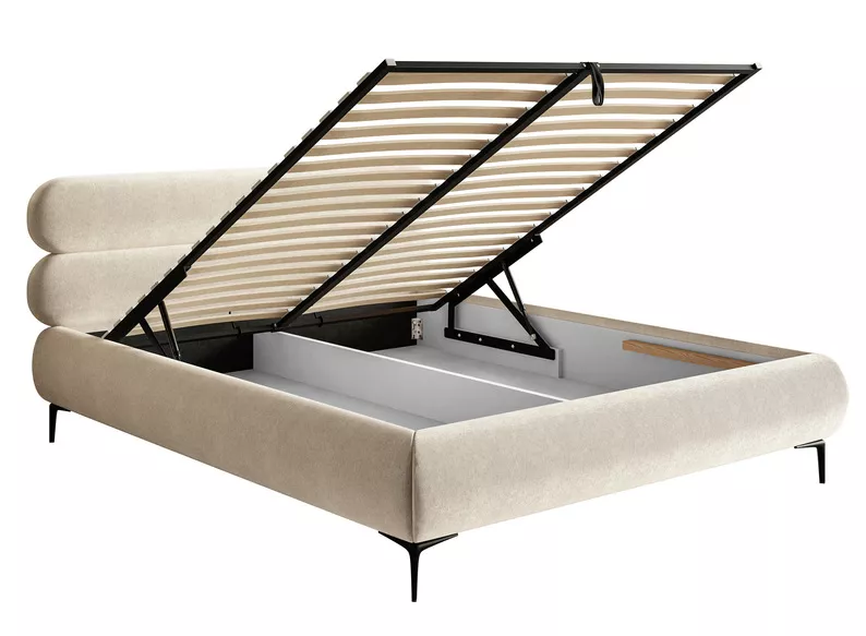Łóżko tapicerowane 180x200 cm Roule z pojemnikiem stelaż metalowy jasnobeżowe welur hydrofobowy nóżki czarne