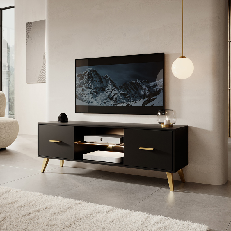Meuble TV Savoni I 140 cm noir avec pieds et poignées dorés