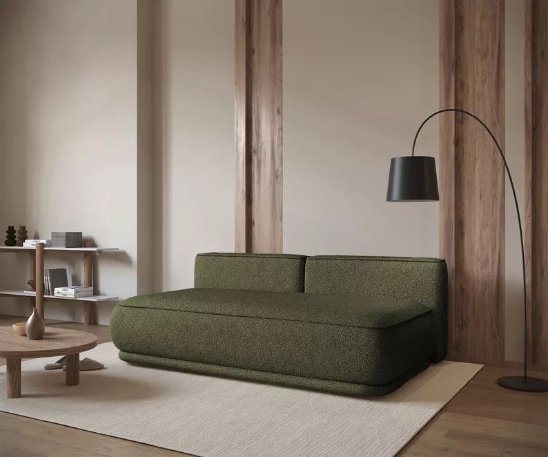 Kanapa rozkładana trzyosobowa Leanno z pojemnikiem oliwkowa boucle