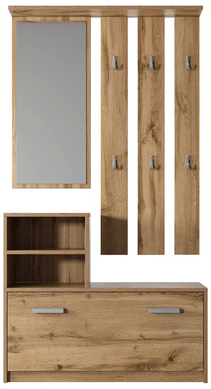 Ensemble d'entrée Yesfir avec miroir, cintres, étagères et meuble à chaussures Chêne Wotan