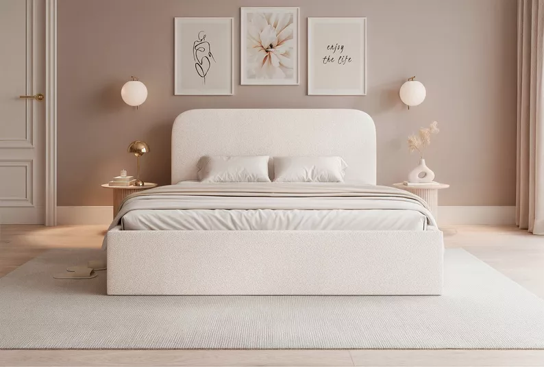 Łóżko tapicerowane 140x200 cm Sonvivo z pojemnikiem na pościel kremowe szenil stelaż metalowy