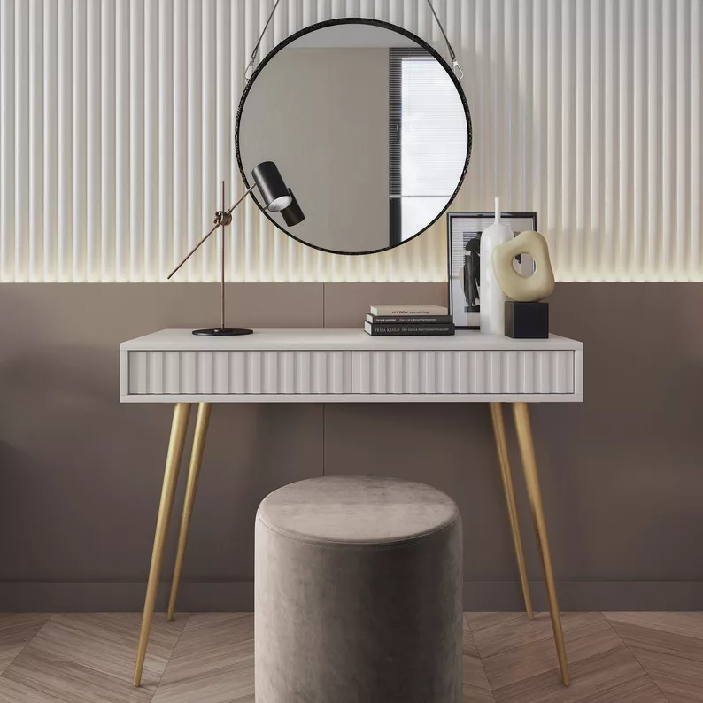 Coiffeuse Bello 104 cm blanche avec pieds dorés