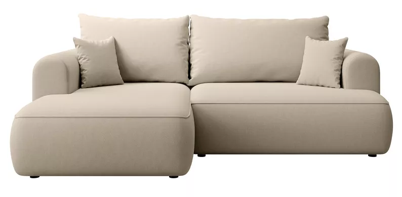 Jasnobeżowy narożnik Ovo mini L-kształtny z funkcją spania i pojemnikiem na pościel.