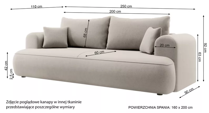 Kanapa rozkładana trzyosobowa Ovo z pojemnikiem kremowa szenil