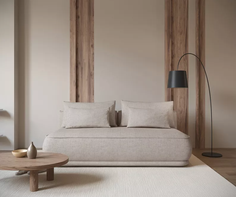 Kanapa rozkładana trzyosobowa Leanno z pojemnikiem jasnobeżowa szenil hydrofobowy