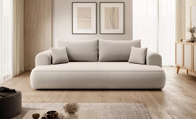 Kanapa rozkładana trzyosobowa Ovo z pojemnikiem jasnobeżowa welur w tkaninie łatwoczyszczącej