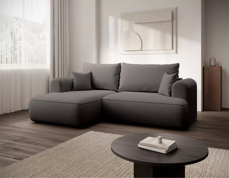 Ciemnoszary narożnik Ovo mini lewostronny z funkcją spania i pojemnikiem na pościel.