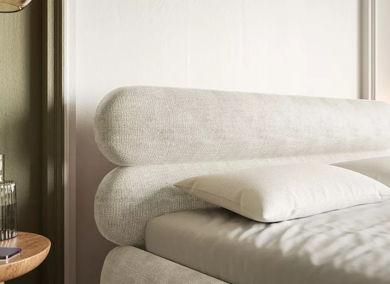 Łóżko tapicerowane 160x200 cm Roule z pojemnikiem stelaż metalowy szarobeżowe szenil nóżki złote