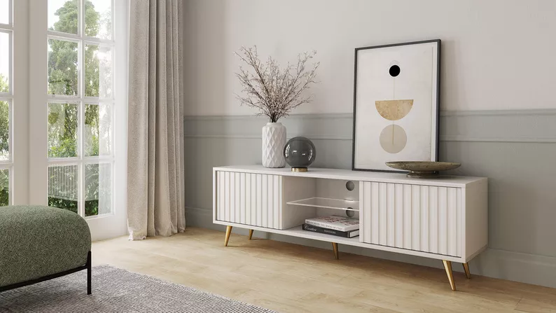 Meuble TV Bello avec façades à lamelles 135 cm blanc avec pieds dorés