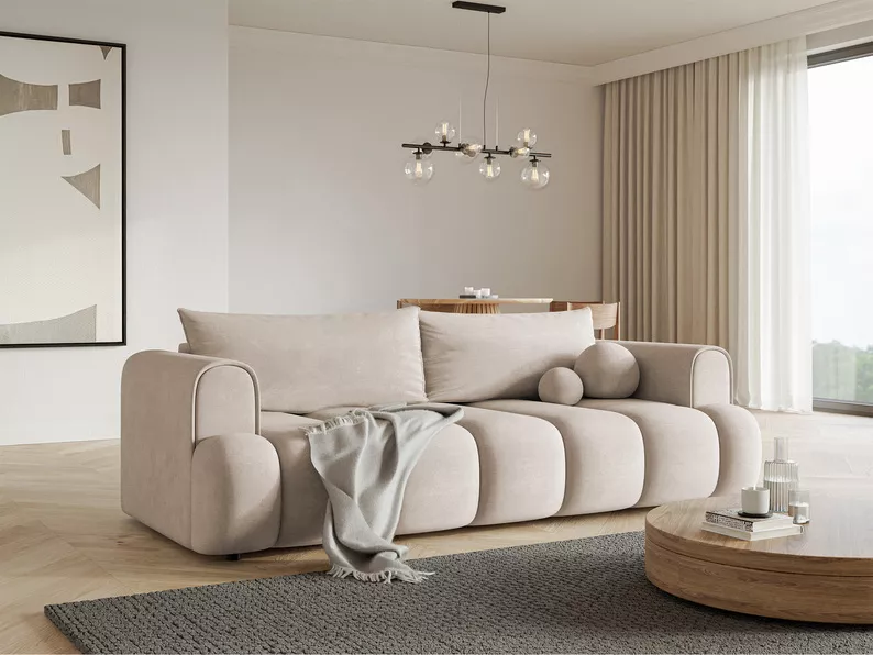 Kanapa trzyosobowa Dandelino z funkcją spania szarobeżowa welur hydrofobowy