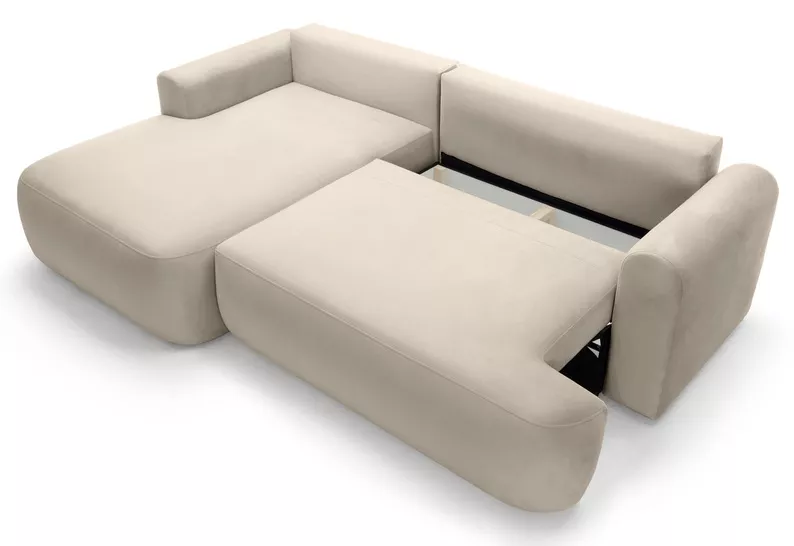 Jasnobeżowy narożnik Ovo L-kształtny z funkcją spania i pojemnikiem na pościel, idealny do salonu.