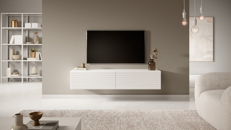 Meuble TV Pavas 140 cm Blanc avec façade lamellaire