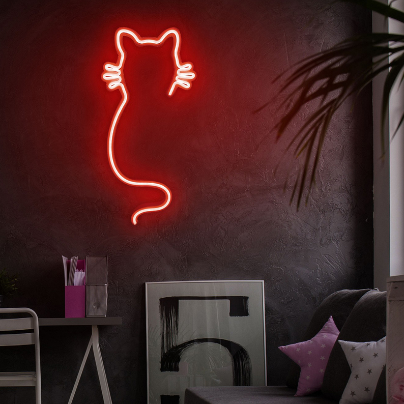 LETELY Enseigne au néon en forme de chat rouge sur le mur