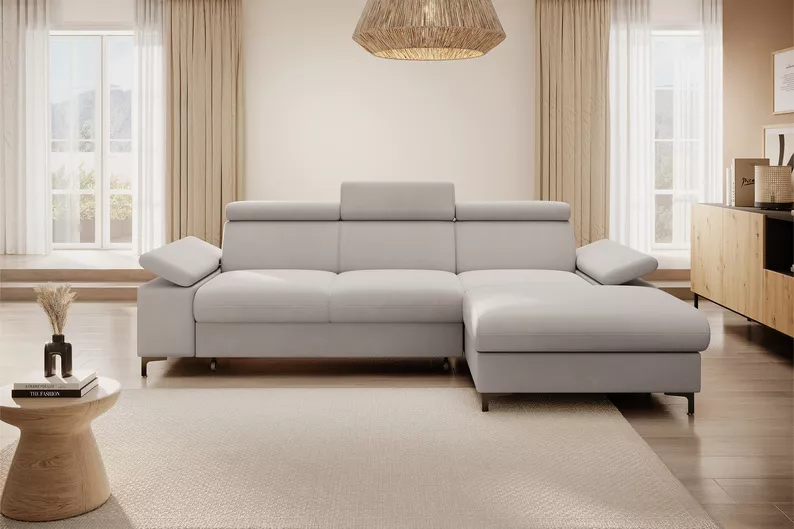 MILLEFOLIUM L-forme Canapé d'angle convertible avec fonction lit avec coffre de rangement velours hydrofuge gris clair droit