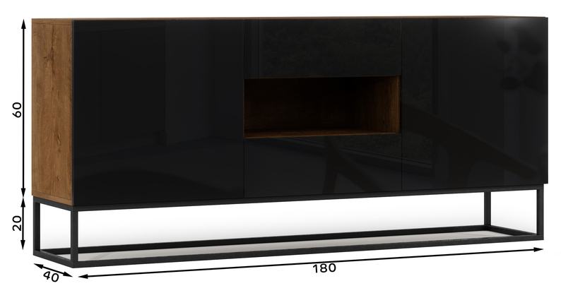Commode à deux portes Mirris 180 cm avec deux tiroirs, chêne artisanal / noir brillant