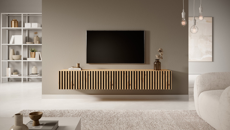 TELIRE Meuble TV 175 cm en chêne artisan avec façade fraisée et inserts noirs
