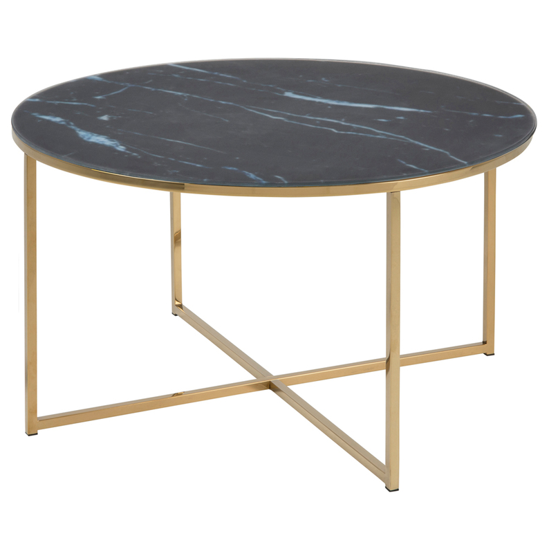 PERQY Table ronde en verre diamètre 80 cm noire avec un cadre doré