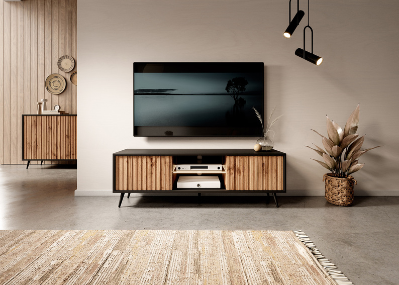 Meuble TV Bello avec façades à lamelles 135 cm noir / chêne wotan avec led
