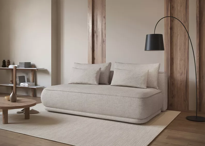 Kanapa rozkładana trzyosobowa Leanno z pojemnikiem jasnobeżowa szenil hydrofobowy