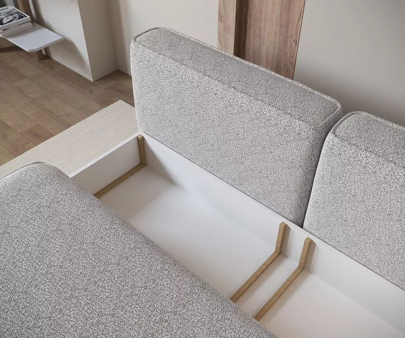 Kanapa rozkładana trzyosobowa Leanno z pojemnikiem jasnoszara boucle