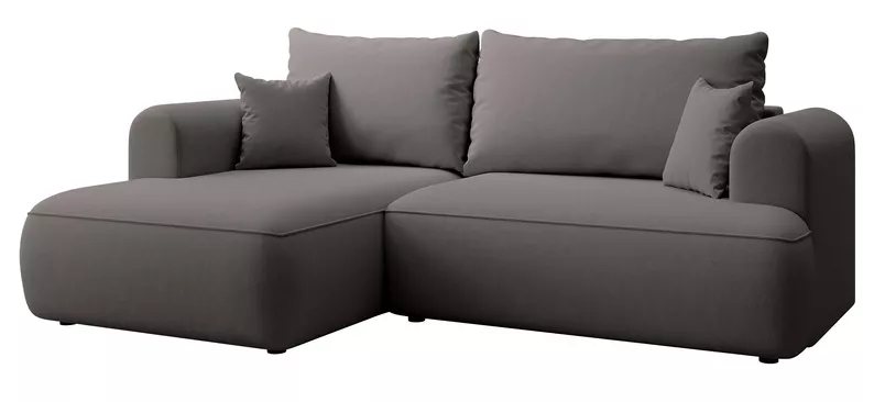 Ciemnoszary narożnik Ovo mini lewostronny z funkcją spania i pojemnikiem na pościel.