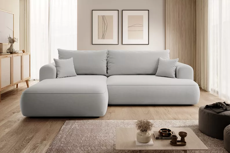 Canapé d'angle convertible Ovo en L velours gris avec bac en tissu facile à nettoyer, côté gauche