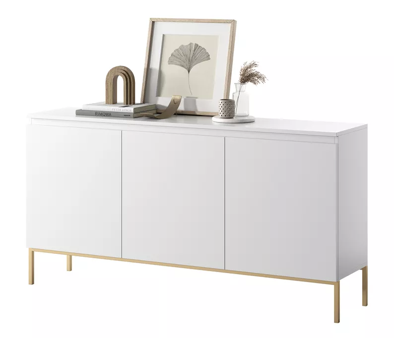 Commode à trois portes Bemmi 150 cm blanc avec pieds dorés