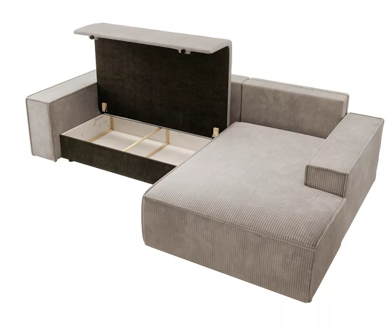 Canapé d'angle Farese New en L avec coffre de rangement en velours côtelé beige