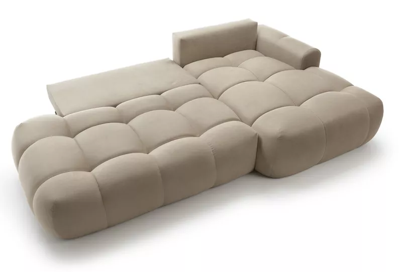 Beżowy narożnik Ombo L-kształtny z funkcją spania i pojemnikiem na pościel, idealny do salonu.