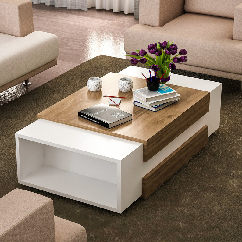 CAPH Table basse moderne blanc / noyer 110x61 cm