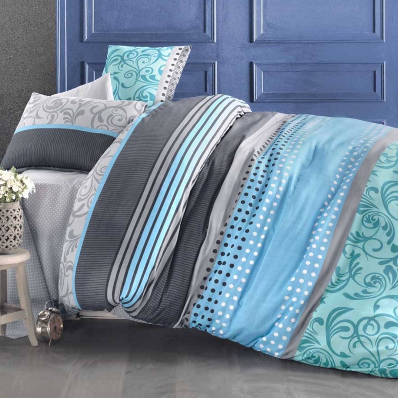 SANDY Parure de lit 200x220 cm avec deux taies d'oreiller 50x70 cm et un drap gris turquoise