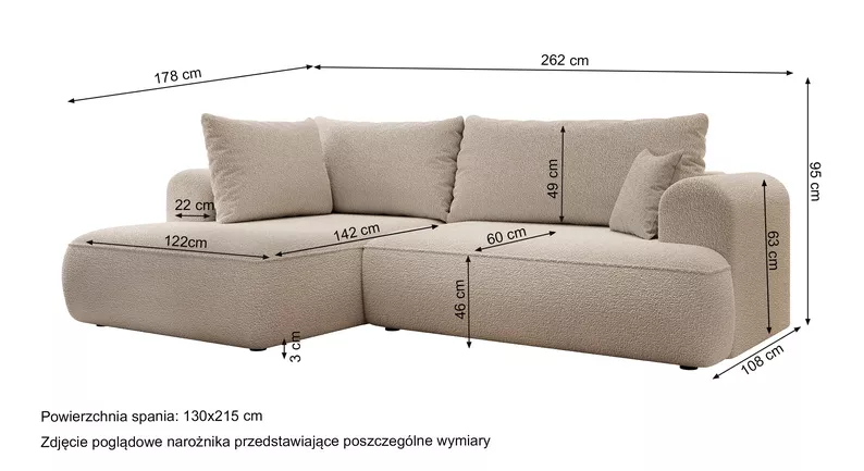 Szary narożnik Ovo L-kształtny z funkcją spania i pojemnikiem na pościel, idealny do salonu.