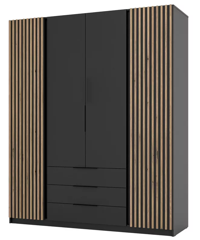 Szafa Kaja czterodrzwiowa z lamelami i trzema szufladami 200 cm czarna