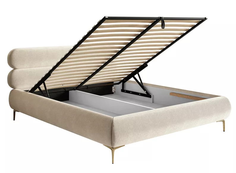 Łóżko tapicerowane 140x200 cm Roule z pojemnikiem stelaż metalowy jasnobeżowe welur hydrofobowy nóżki złote