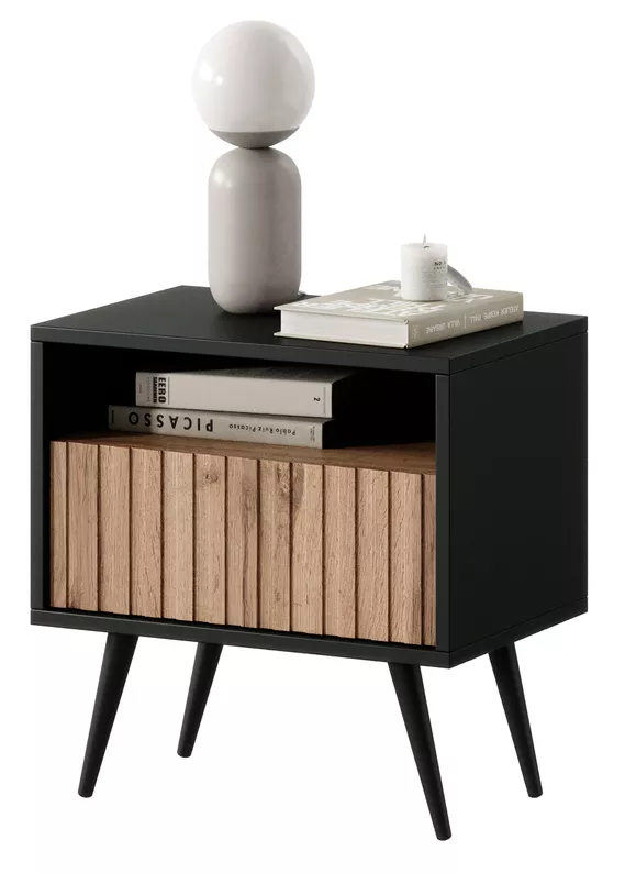 Table de chevet Bello avec un tiroir à façade à lamelles, noir / chêne wotan