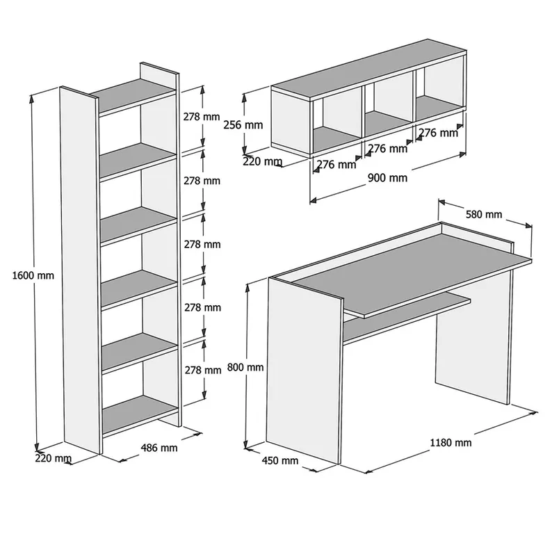 NOROS Bureau 120x60 cm avec bibliothèque et étagère blanc