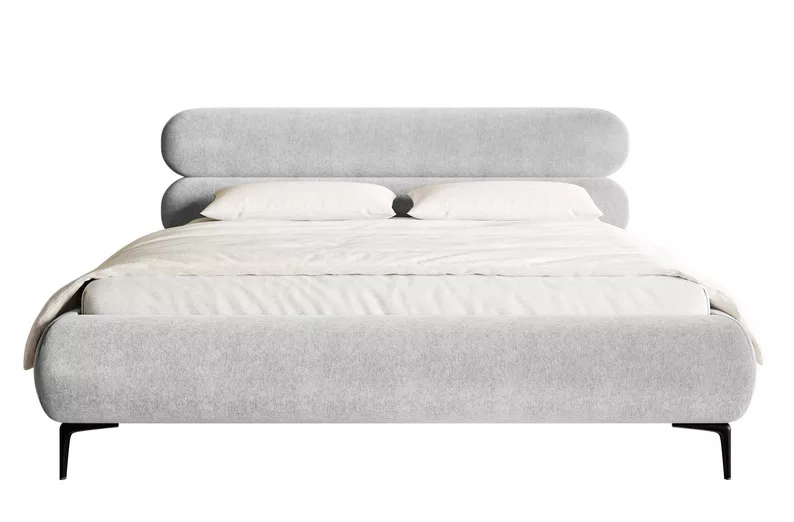 Łóżko tapicerowane 180x200 cm Roule z pojemnikiem stelaż metalowy jasnoszare welur hydrofobowy nóżki czarne