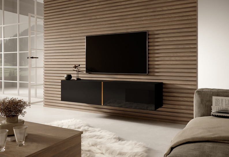BISIRA Meuble TV 140 cm noir avec insert doré