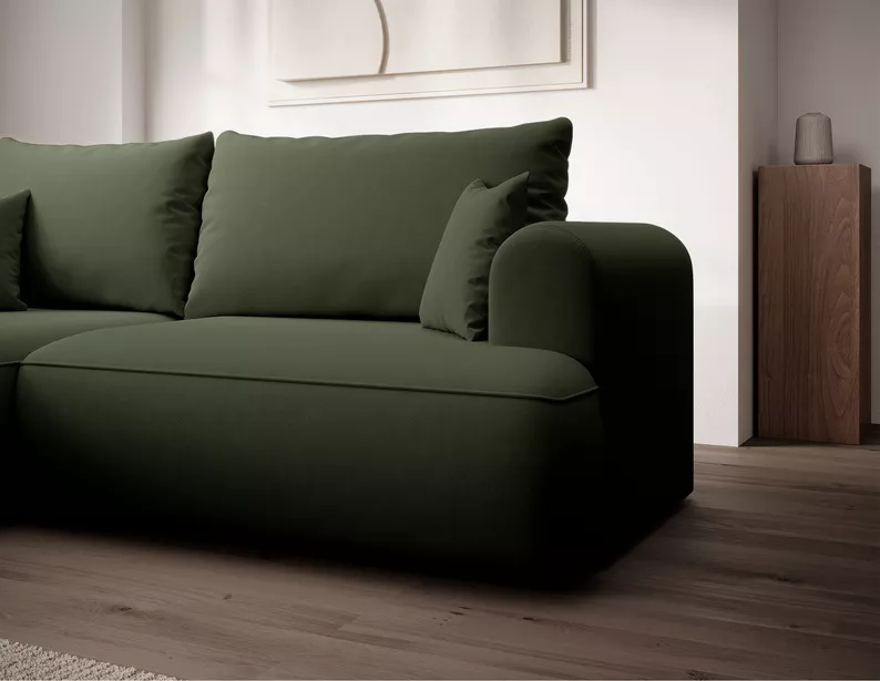 Oliwkowy narożnik Ovo mini L-kształtny z funkcją spania, idealny do nowoczesnego salonu.