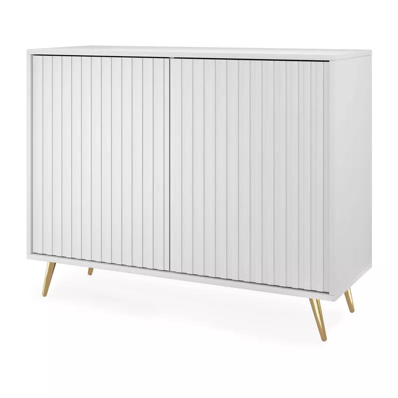 Commode Bello avec façades à lamelles 104 cm blanc avec pieds dorés
