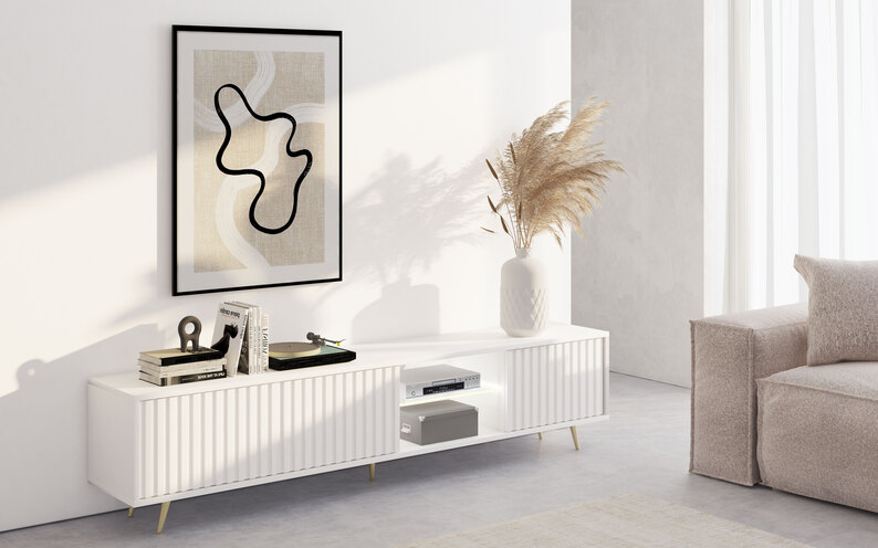 BELLO Meuble TV 175 cm blanc fronts de lamelles