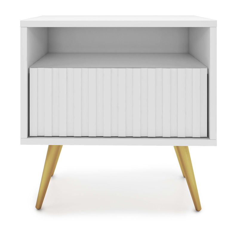 Table de chevet Bello avec un tiroir à façade à lamelles, blanc avec pieds dorés